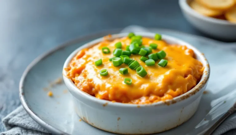 Healthy Buffalo Chicken Dip in a white baking dish topped with melted cheese and green onions, served with carrot sticks, celery, crackers, and tortilla chips.