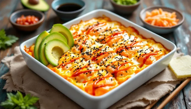Creamy baked salmon sushi casserole topped with furikake, drizzled with spicy mayo and unagi sauce, garnished with avocado and cucumber slices.