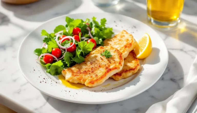 Golden-brown baked chicken cutlets on a white plate with a green salad, lemon wedge, and parsley garnish, served on a light-gray countertop in natural sunlight.