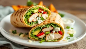 Grilled chicken wrap with avocado, lettuce, tomato, and cheese in a whole wheat tortilla, served with ranch dressing and cilantro garnish.