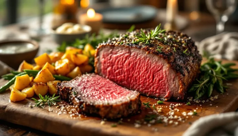 Perfectly cooked ribeye roast sliced on a wooden board, showcasing a tender pink center, crispy herb crust, and accompanied by roasted potatoes, green beans, and creamy horseradish sauce.