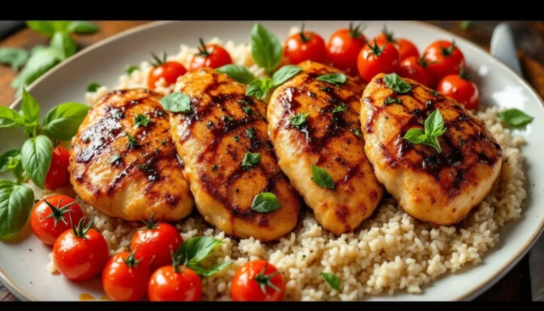 Oven-baked balsamic chicken breasts with roasted cherry tomatoes and fresh basil, served alongside rice and asparagus on a white plate.
