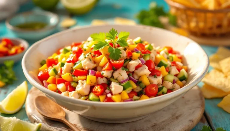 Vibrant Caribbean conch salad with diced conch, fresh vegetables, and citrus dressing, garnished with cilantro in a white bowl.