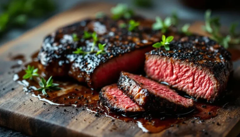 Juicy Black Pepper Angus Steak with garlic mashed potatoes and roasted asparagus, garnished with fresh thyme and cracked black pepper, served on a rustic wooden board.