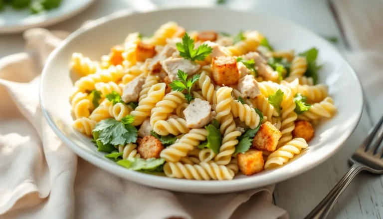 Caesar pasta salad with rotini pasta, shredded chicken, cherry tomatoes, crisp Romaine lettuce, croutons, and creamy Parmesan dressing in a white bowl on a wooden table.