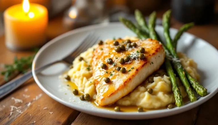Golden pan-seared chicken picatta with lemon-caper sauce, served with garlic mashed potatoes and steamed asparagus on a white plate."