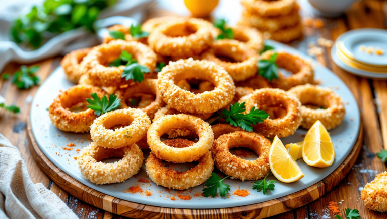 Homemade crispy chicken rings with golden breading, served on a wooden platter with ranch, honey mustard, and barbecue dipping sauces, garnished with fresh parsley and lemon wedges.