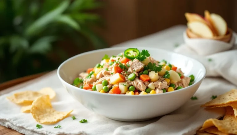 Additional Information: "Colourful Ensalada de Pollo Mexicana served in a white bowl, garnished with fresh cilantro and jalapeño slices, surrounded by tortilla chips and lime wedges on a rustic wooden table.