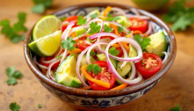 Vibrant cebolla ensalada recipe featuring fresh red onions, tomatoes, cucumbers, bell peppers, and avocado, drizzled with a tangy lime dressing, served in a rustic bowl.