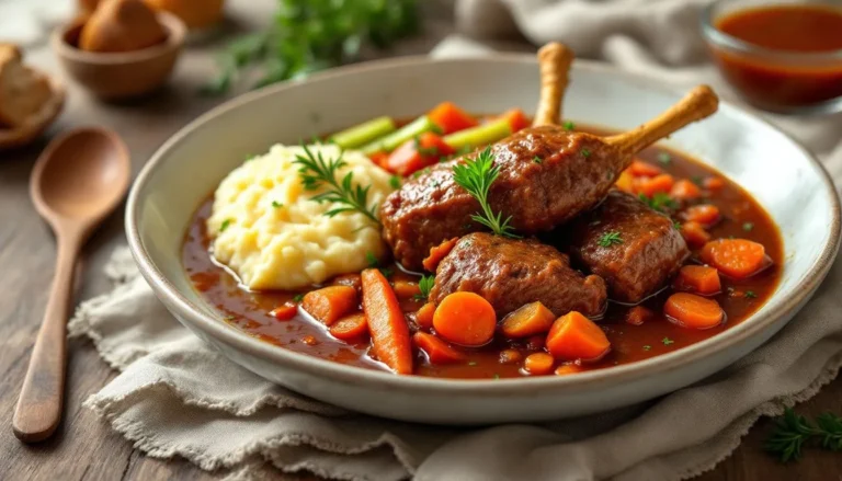 Juicy drum stick beef with rich brown sauce, served with mashed potatoes and steamed vegetables, garnished with fresh parsley in a rustic bowl.