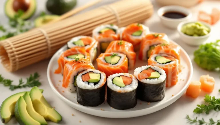 Freshly made salmon avocado sushi rolls with creamy avocado, sushi-grade salmon, and seasoned rice, garnished with sesame seeds, served with soy sauce, wasabi, and pickled ginger on a white plate.