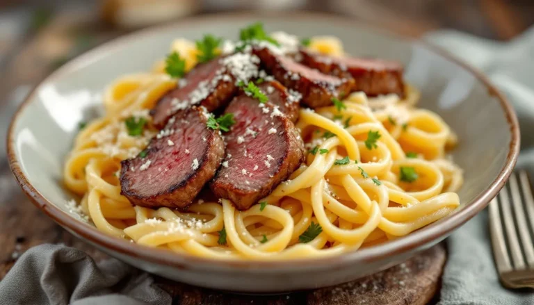 Creamy Steak Alfredo with tender seared steak slices, fettuccine pasta, and rich Parmesan Alfredo sauce, garnished with parsley and red pepper flakes, served in a rustic bowl with garlic bread and salad on the side.