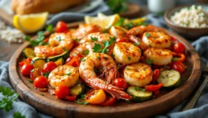Pan roast seafood with shrimp, scallops, and salmon, accompanied by roasted cherry tomatoes, zucchini, and bell peppers-finished garnishing with parsley and lemon wedges.
