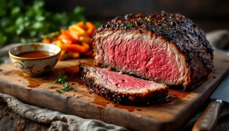 Juicy smoked beef roast with a caramelized bark, sliced and served on a wooden cutting board, surrounded by mashed potatoes, coleslaw, and charred asparagus, garnished with fresh herbs.