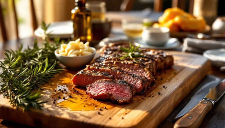 Juicy grilled steak coulotte slices with a caramelized crust, served on a rustic wooden cutting board with roasted asparagus, creamy mashed potatoes, and a fresh garden salad. Garnished with rosemary and thyme.