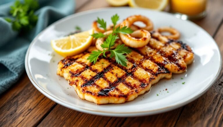 Golden-brown calamari steak with crispy edges, garnished with fresh parsley and lemon wedges, served on a white plate with a side of garlic aioli.