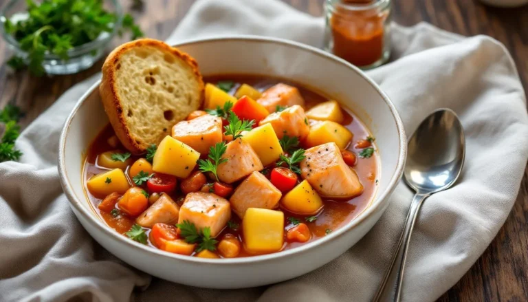 Southern salmon stew with potatoes and tomatoes served in a white bowl, garnished with parsley and smoked paprika, paired with crusty bread on a wooden table.