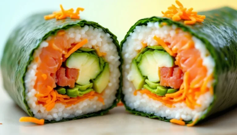 When you cut this colorful sushi roll in half, you can see layers of sushi rice, salmon, avocado, cucumber, and carrots wrapped in nori and topped with sesame seeds.