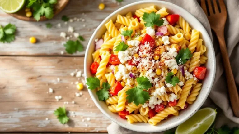 Elotepasta salads from rotini, charred corn, bell peppers, red onion, cilantro, and cotija cheese crumbed within a white bowl on a wooden table .