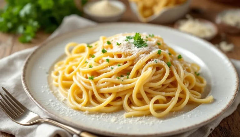 Pasta with a creamy Alfredo sauce, garlic bread, and a rustic wooden table setting. The dish is presented on a white plate with fresh parsley and Parmesan cheese as garnishes.