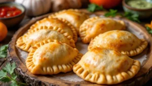 The long and narrow golden-brown Empanadas Venezolanas are crisply placed on a rustic wooden platter, served with a sauce of guasacaca, topped by a garlic sauce and fresh parsley garnish, thus portraying authentic Venezuelan meal preparation.