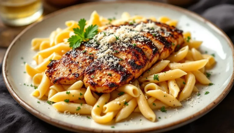 Creamy penne pasta tossed with blackened chicken Alfredo sauce, sliced blackened chicken, and fresh parsley served on a rustic white platter.