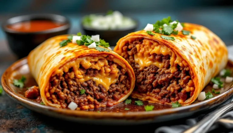 Crispy, golden birria burrito made with deliciously shredded beef meat, Mexican rice, refried beans, and melted cheese; it comes with a side of birria consomé, lime wedges, and fresh cilantro garnish.